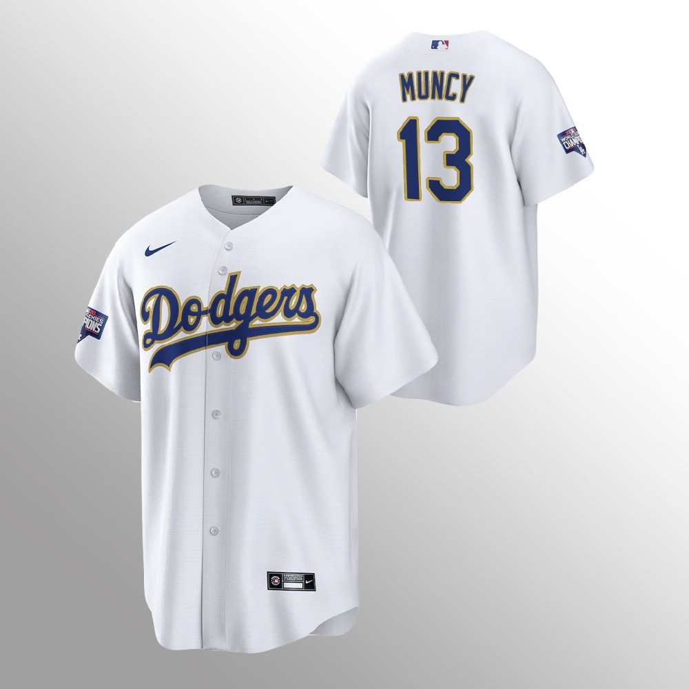 Men's Los Angeles Dodgers #13 Max Muncy White Champions Patch Gold Program Cool Base Stitched Jersey